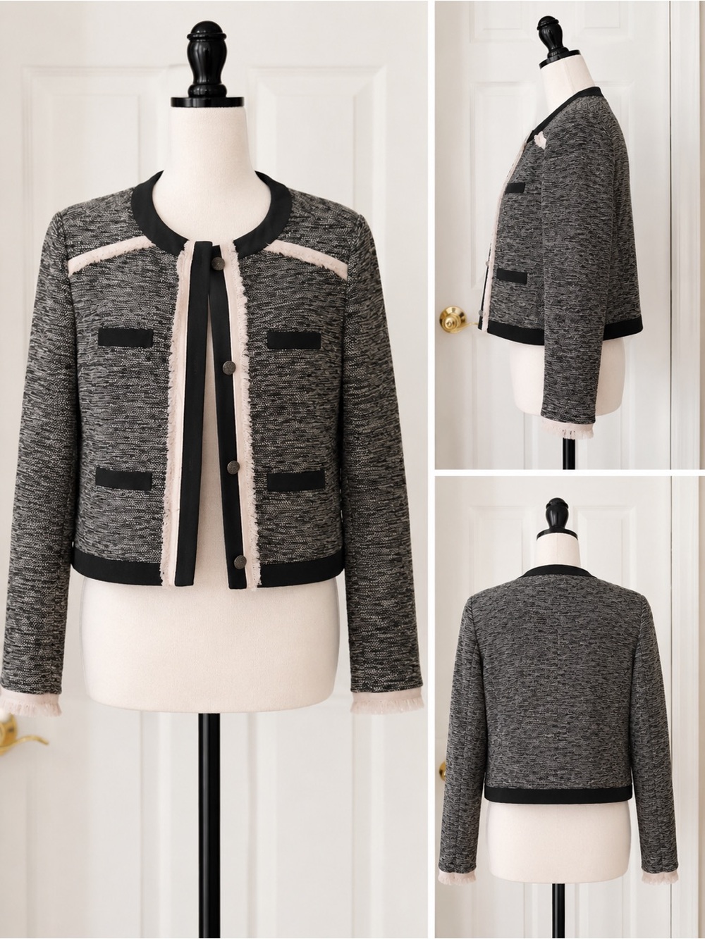 Vince Camuto Black and Gray Cropped Knit Blazer with Cream Trim
